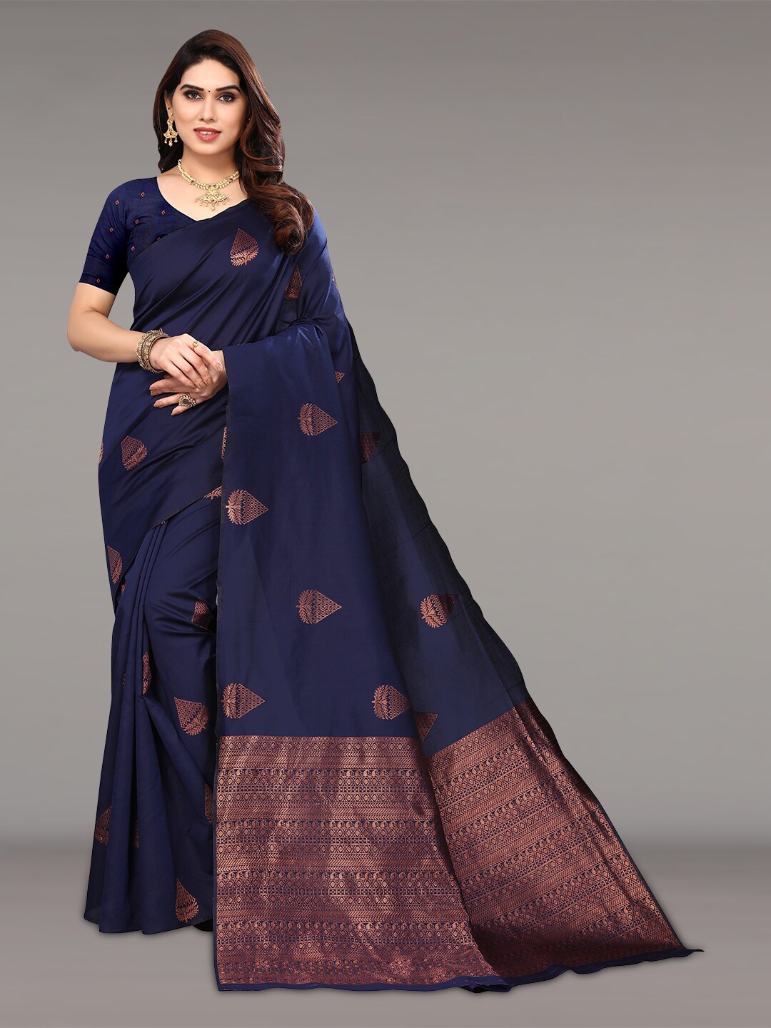 

Pisara Ethnic Motifs Woven Design Zari Silk Cotton Saree, Navy blue