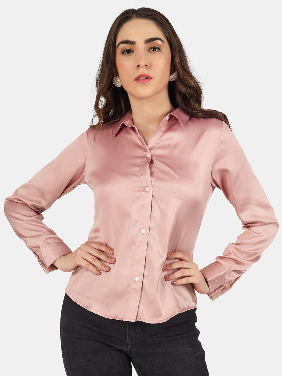 

angloindu Spread Collar Satin Casual Shirt, Peach