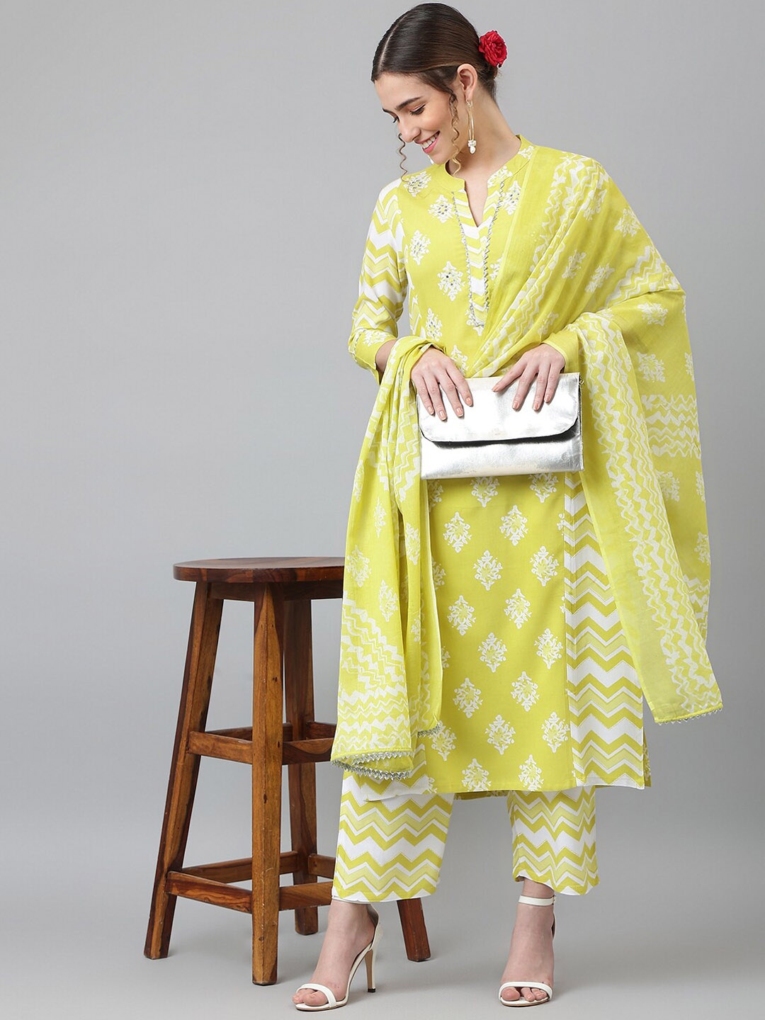 

Khushal K Ethnic Motifs Printed Mirror Work Kurta with Palazzos & Dupatta, Yellow