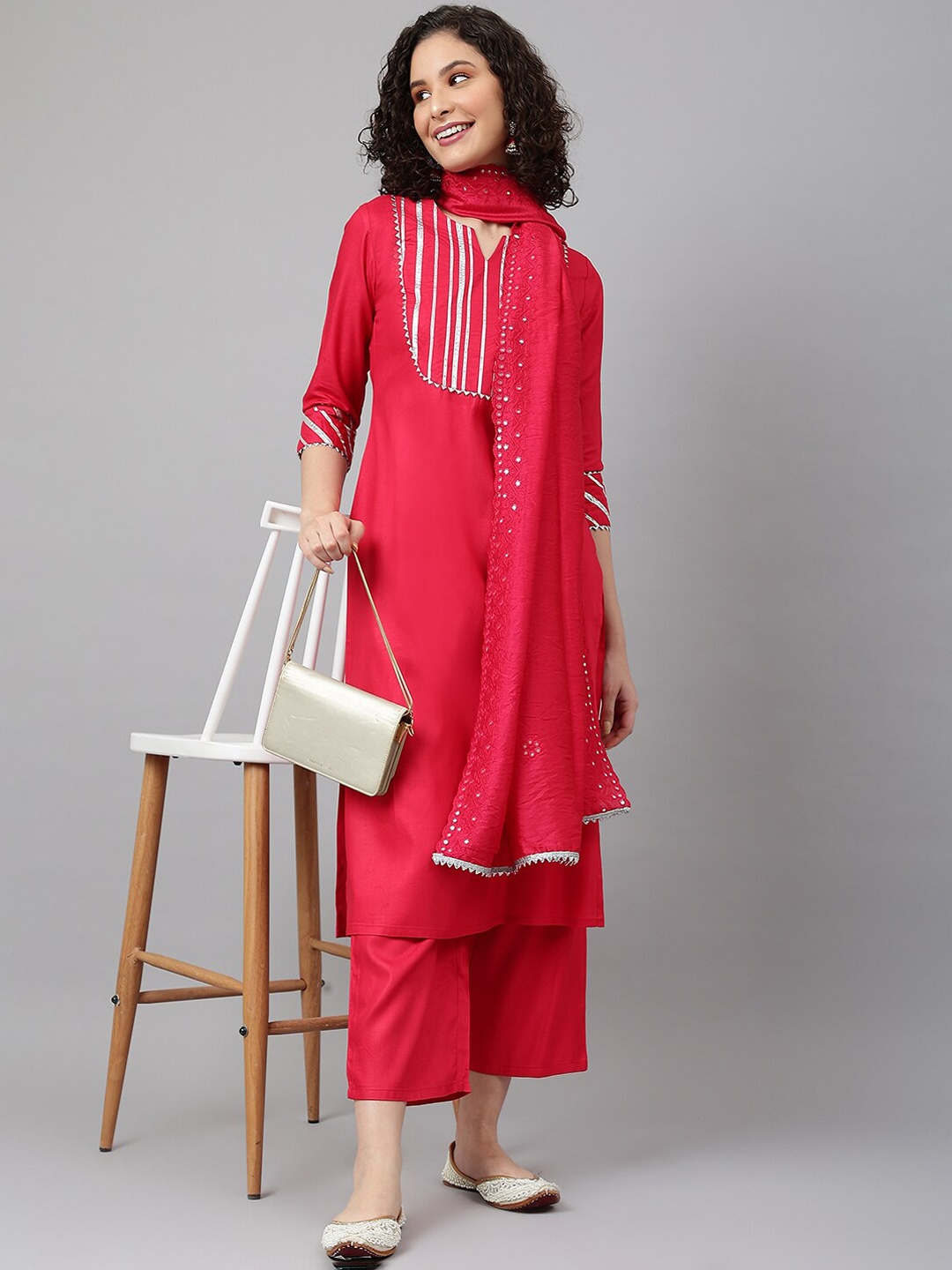 

Khushal K Notched Neck Gotta Patti Mirror Work Straight Kurta with Palazzos & Dupatta, Pink