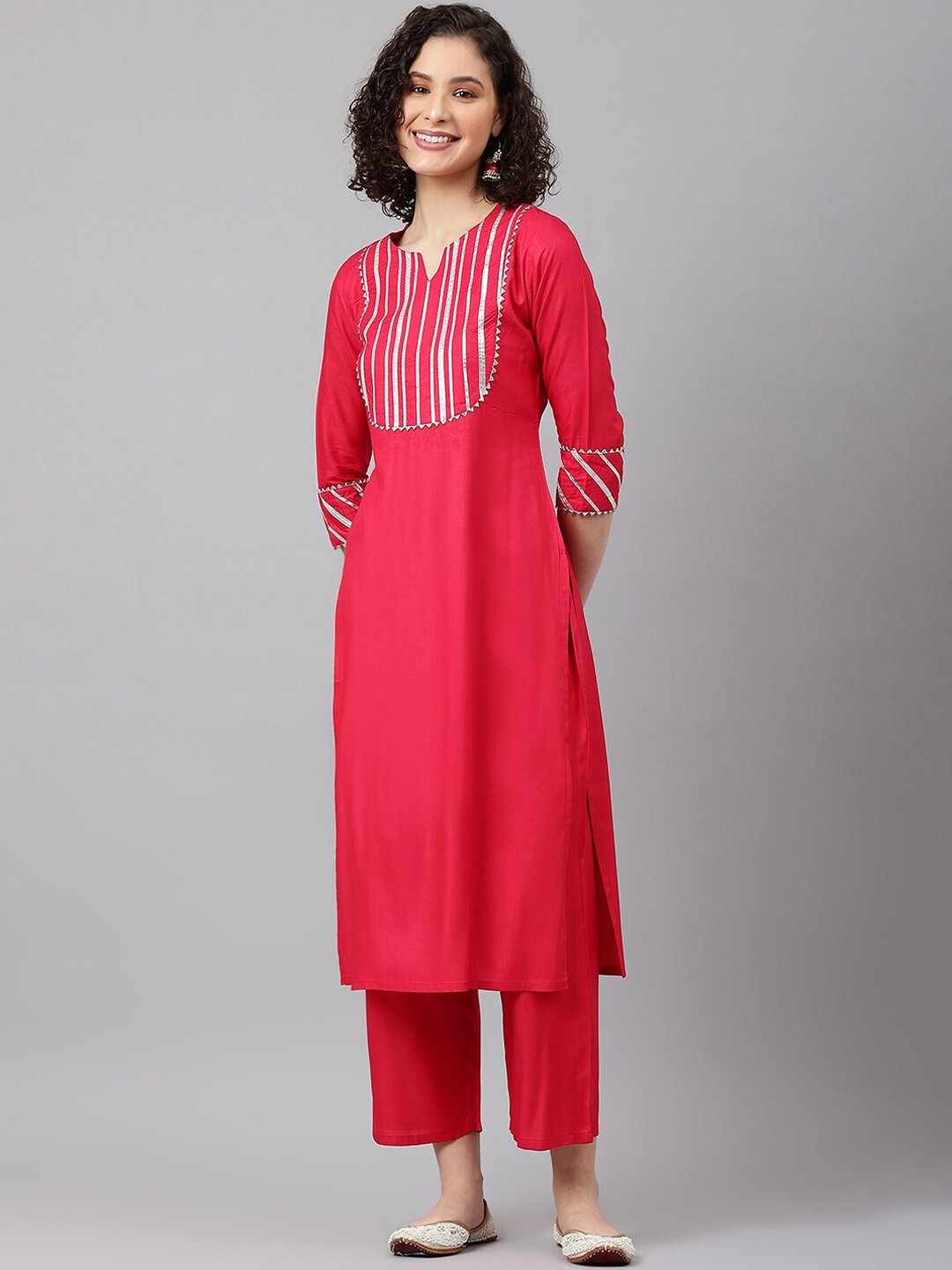 

Khushal K Notched Neck Gotta Patti Straight Kurta with Palazzos, Pink