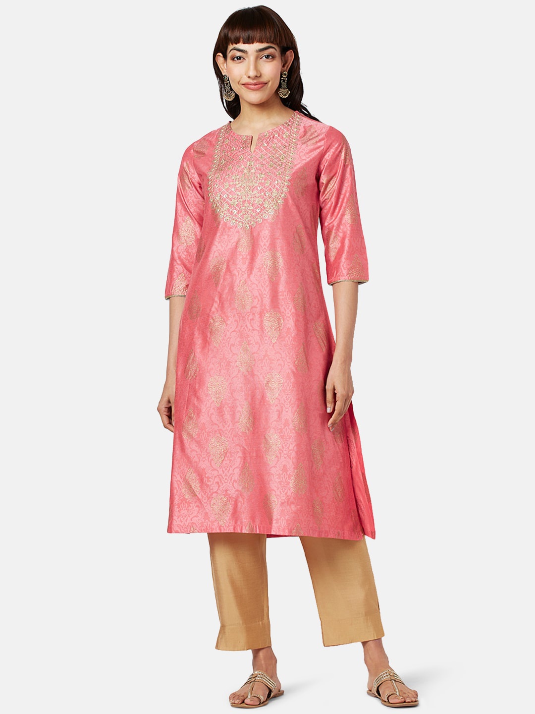 

RANGMANCH BY PANTALOONS Ethnic Motifs Printed Sequins Notched Neck Kurta, Coral