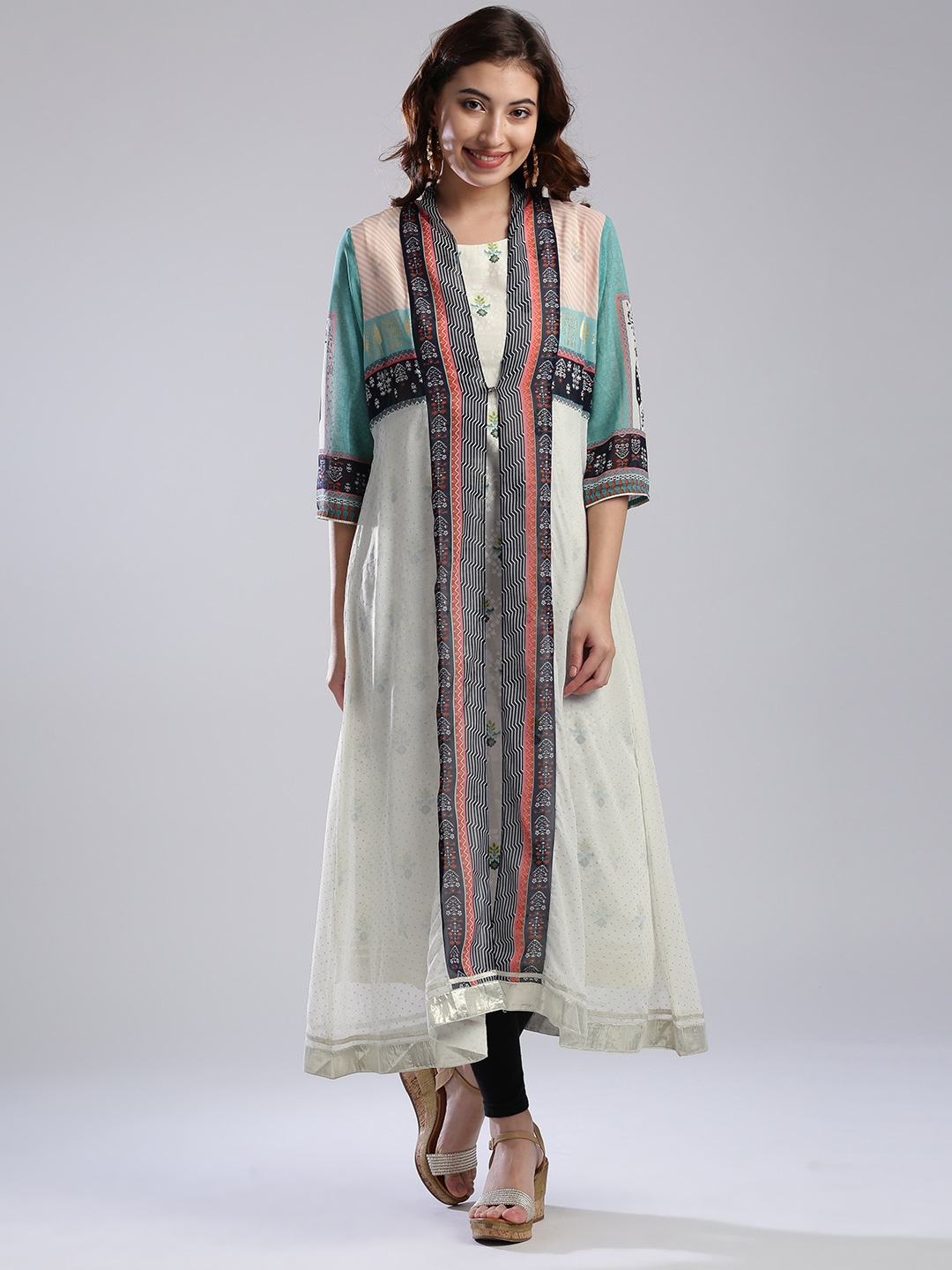 

W Women Off-White & Green Printed A-Line Kurta with Longline Ethnic Jacket