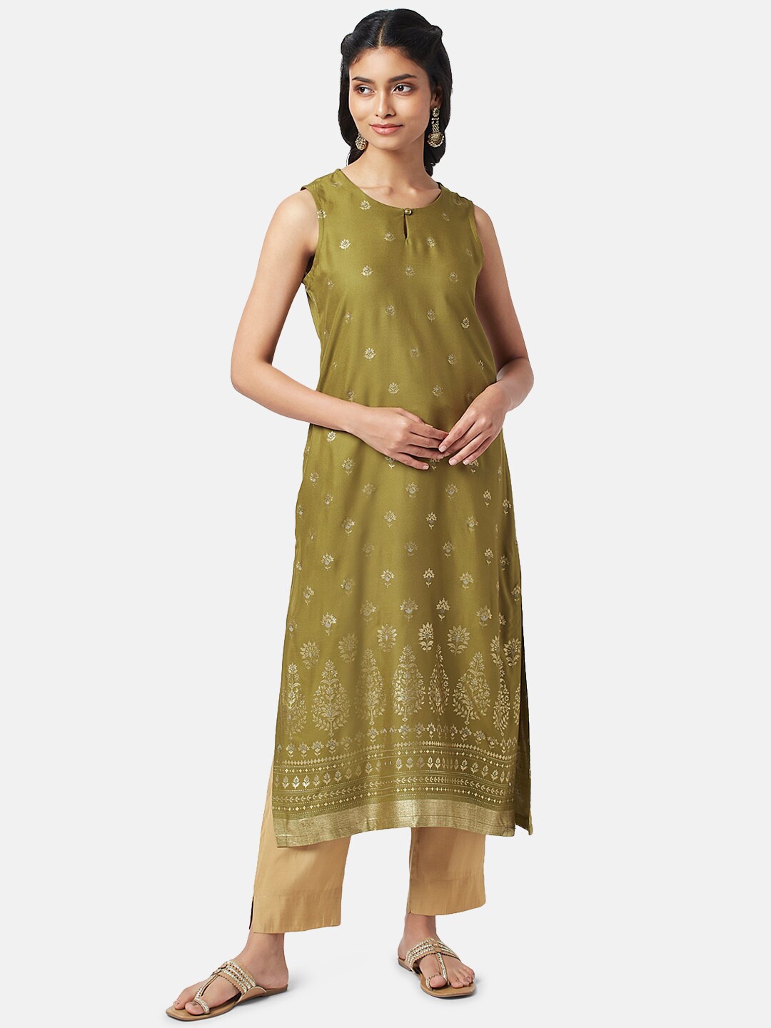 

RANGMANCH BY PANTALOONS Ethnic Motifs Printed Keyhole Neck Kurta, Olive