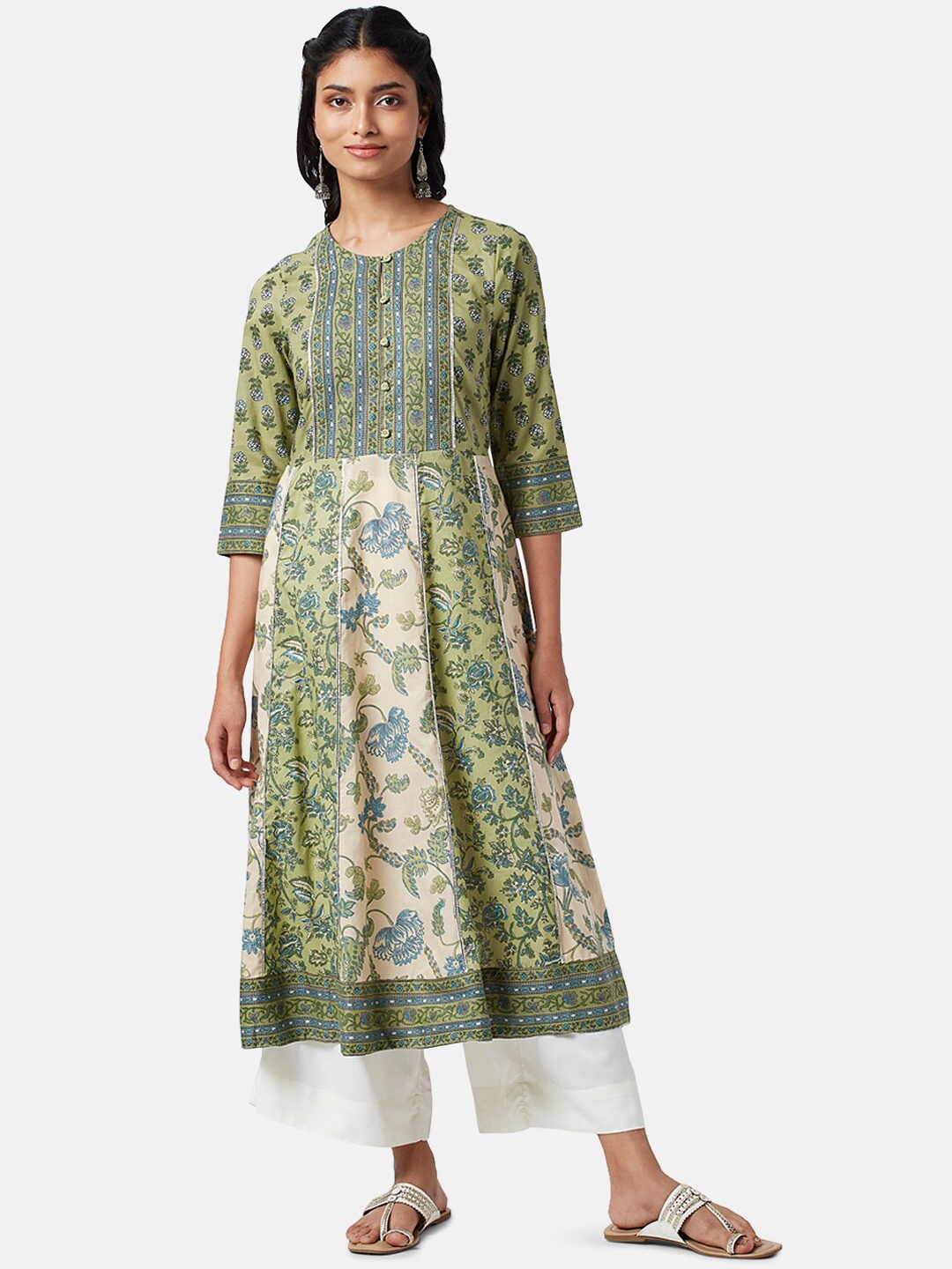 

RANGMANCH BY PANTALOONS Floral Printed Pure Cotton Anarkali Kurta, Green