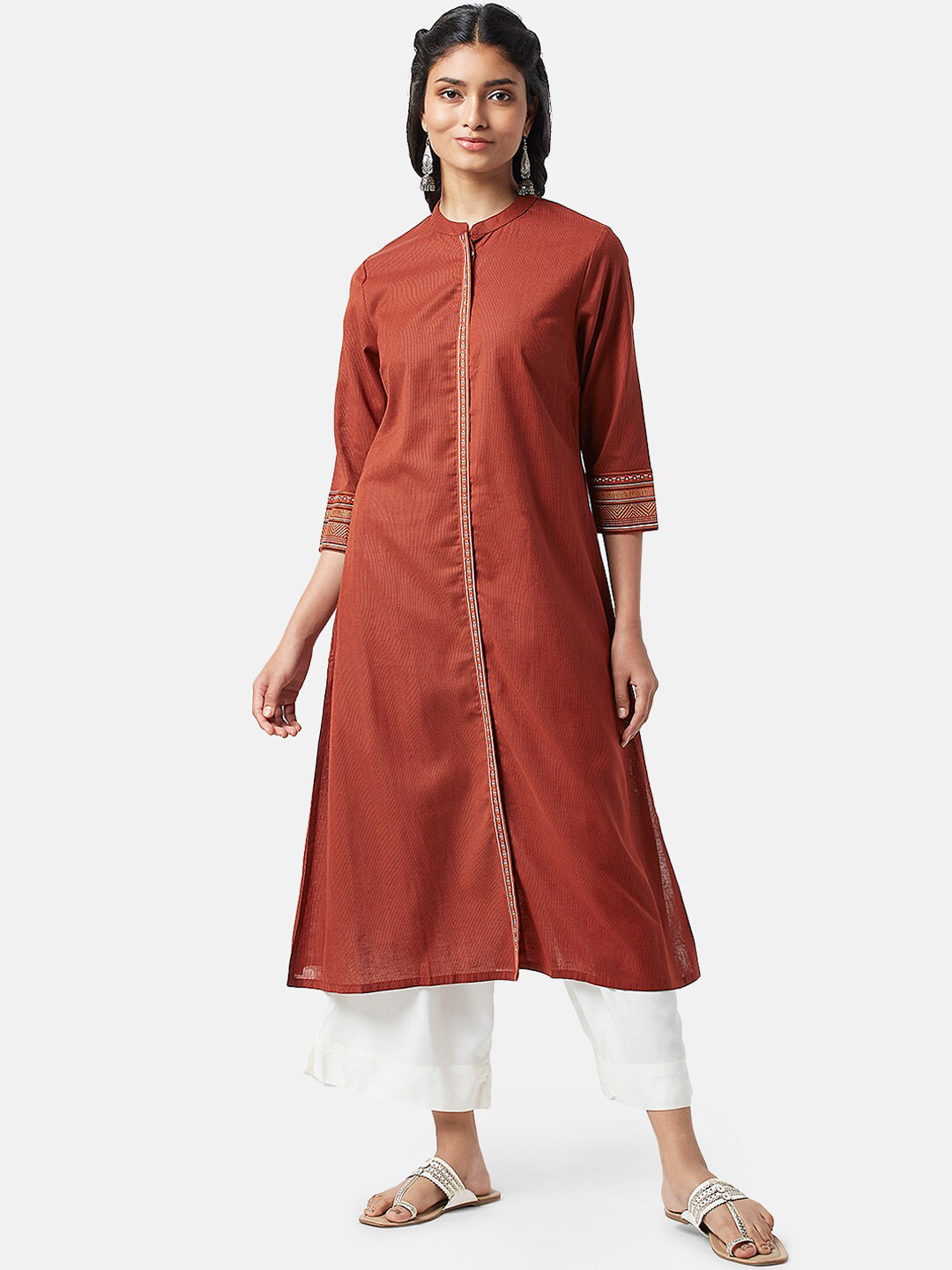 

RANGMANCH BY PANTALOONS Striped Band Collar Pure Cotton Kurta, Rust