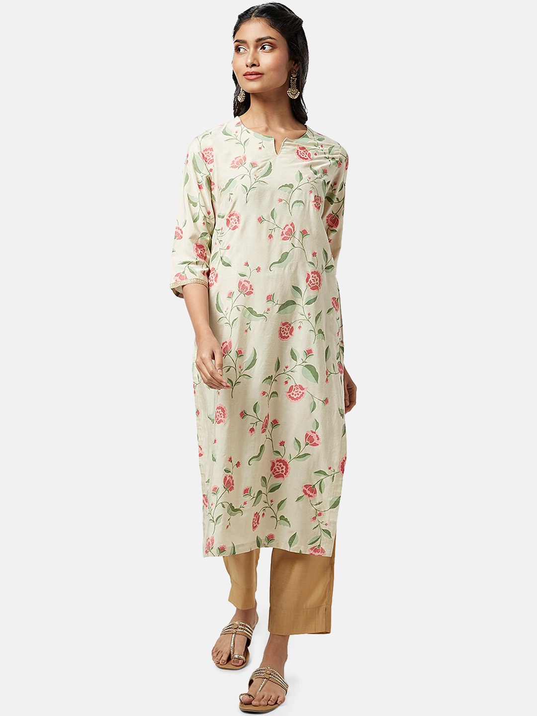 

RANGMANCH BY PANTALOONS Floral Printed Cotton Kurta, Beige