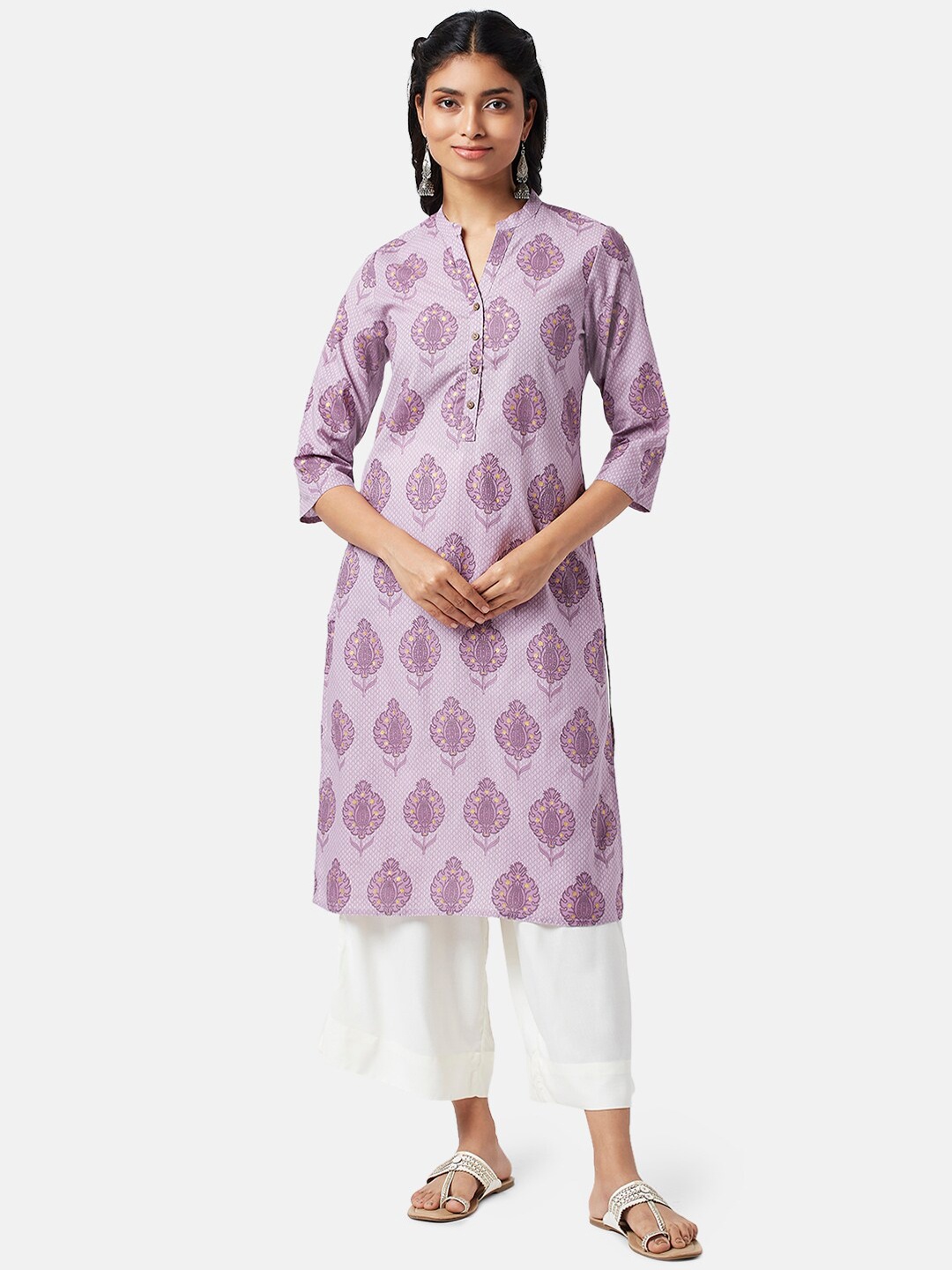 

RANGMANCH BY PANTALOONS Ethnic Motifs Printed Mandarin Collar Pure Cotton Kurta, Purple