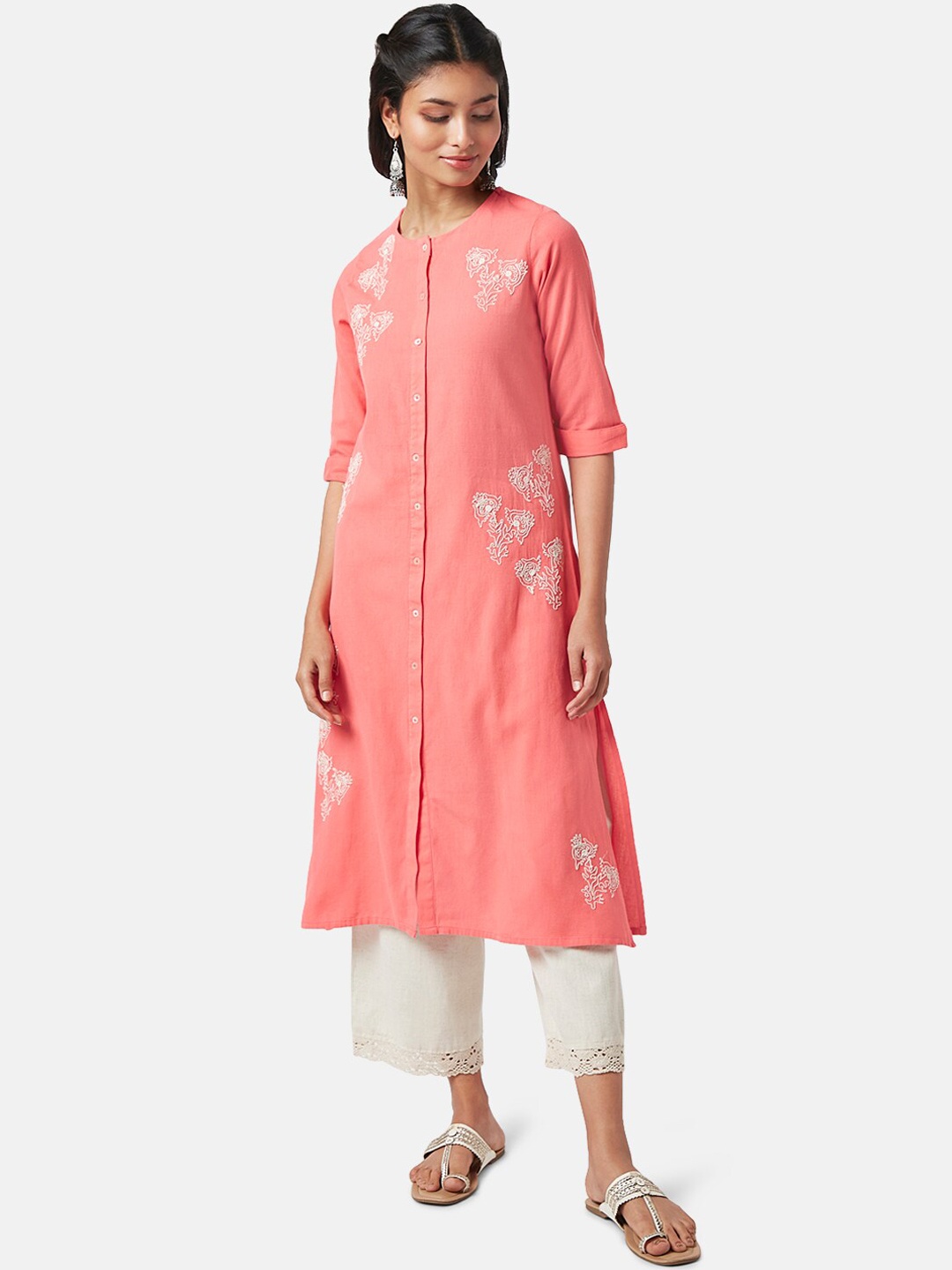 

RANGMANCH BY PANTALOONS Ethnic Motifs Embroidered A-Line Kurta, Coral