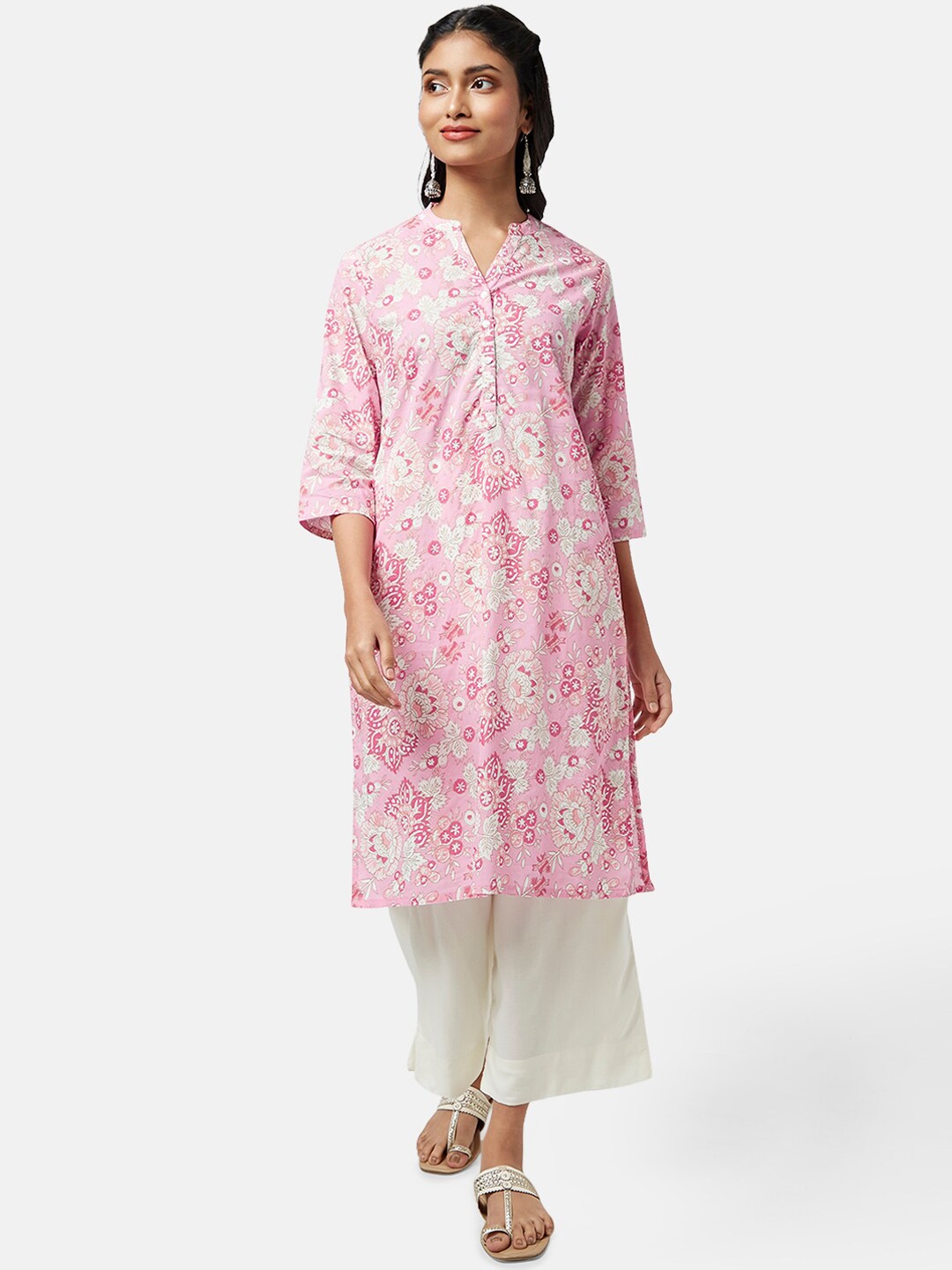 RANGMANCH BY PANTALOONS Floral Printed Band Collar A-Line Cotton Kurta, Pink