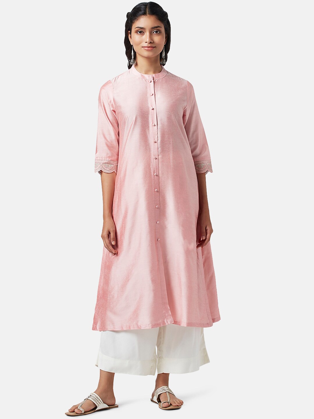 

RANGMANCH BY PANTALOONS Mandarin Collar Kurta, Pink