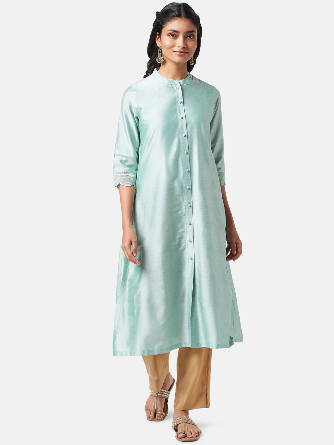 

RANGMANCH BY PANTALOONS Lace Work Band Collar A-Line Kurta, Sea green