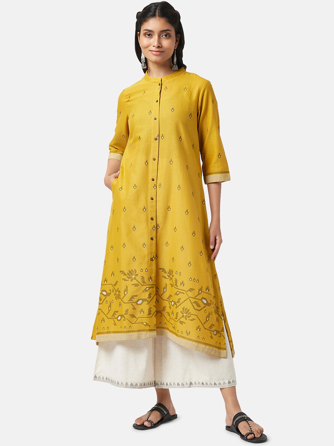 

RANGMANCH BY PANTALOONS Ethnic Motifs Printed Mandarin Collar A-Line Kurta, Mustard