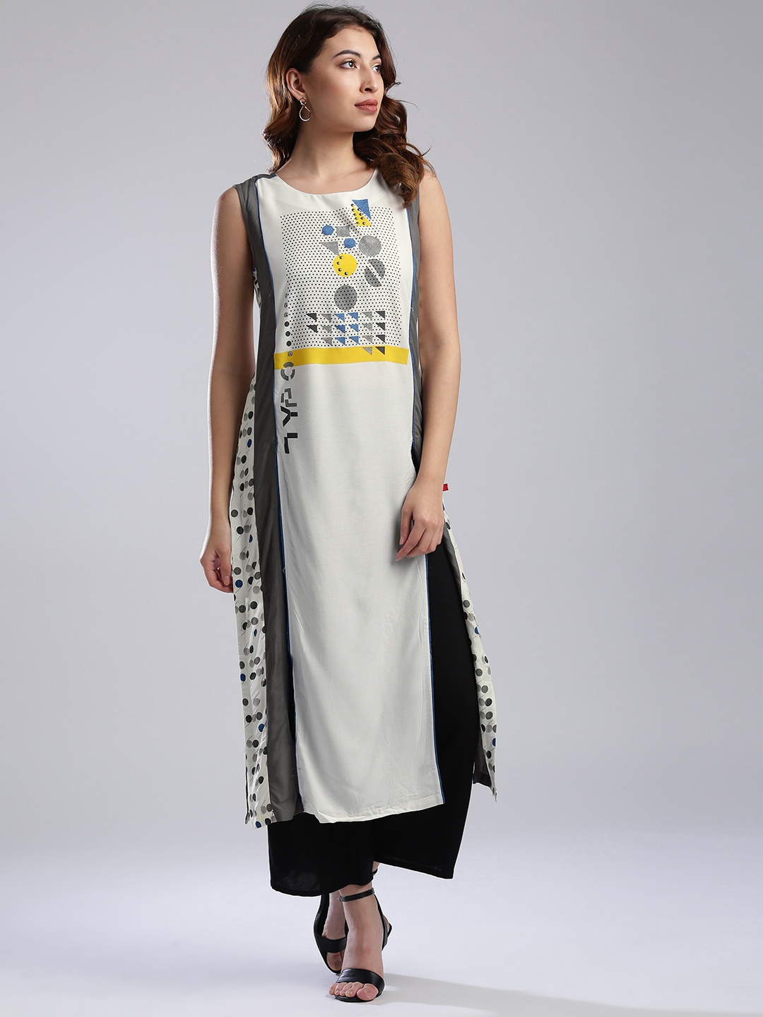

W Women White & Grey Printed Straight Sustainable Kurta