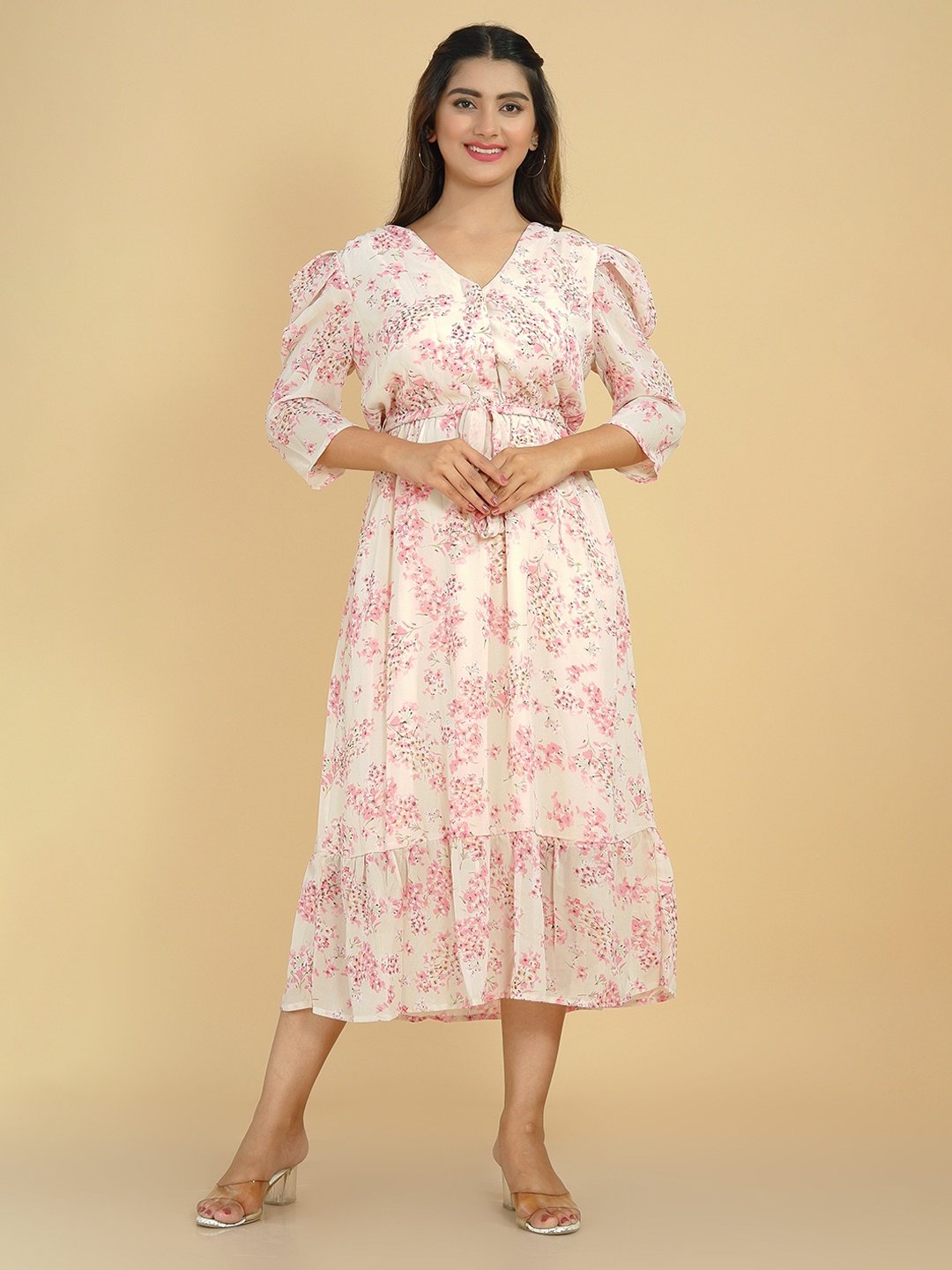 

Tetalee V-NECK Floral Printed Georgette Midi Dress, Cream