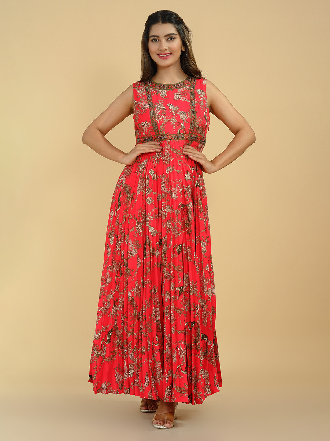 

Tetalee Round Neck Floral Printed Sequined Georgette Maxi Dress, Red
