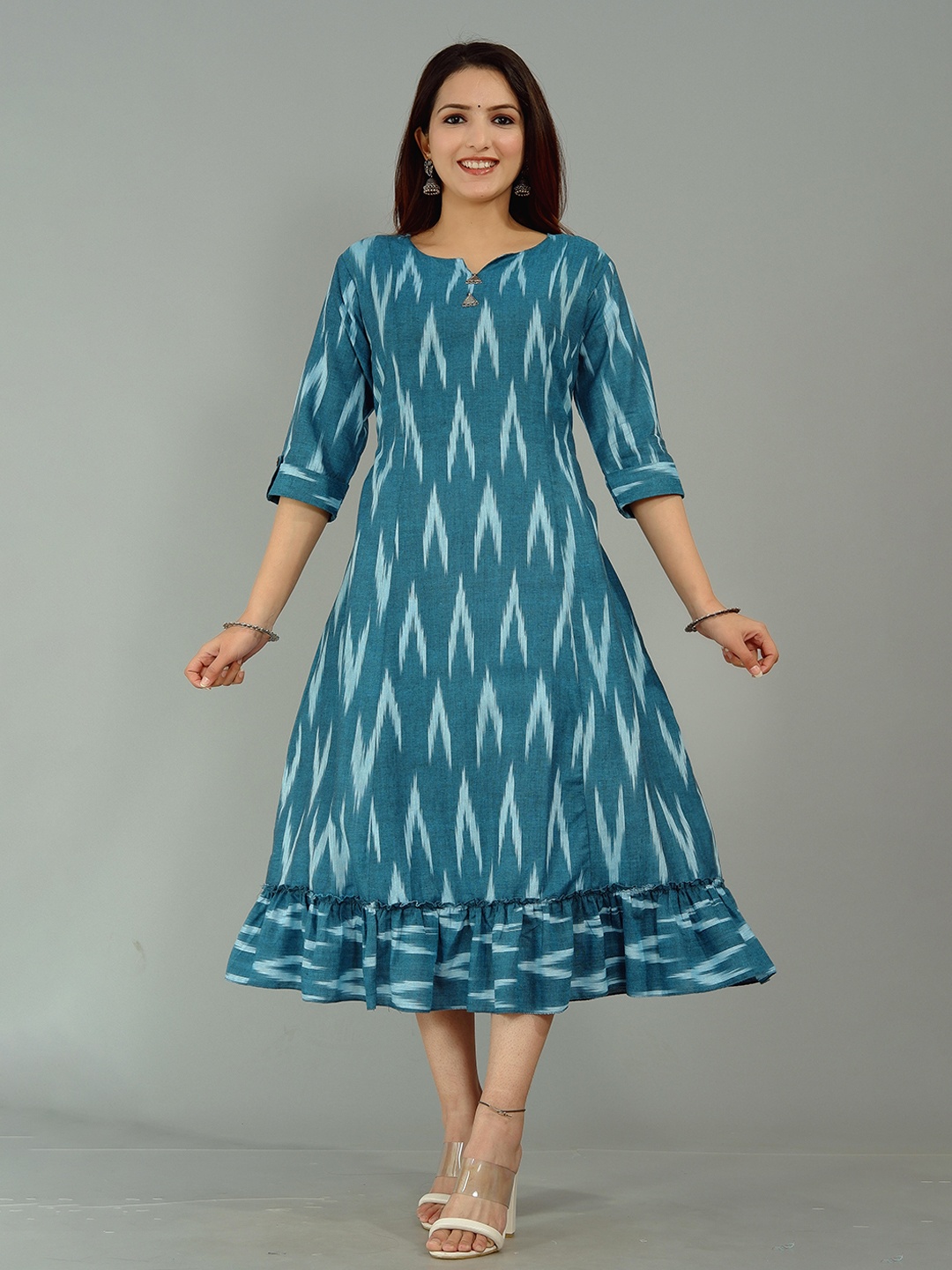 

Tetalee Ethnic Motifs Printed A-Line Midi Ethnic Dress, Turquoise blue