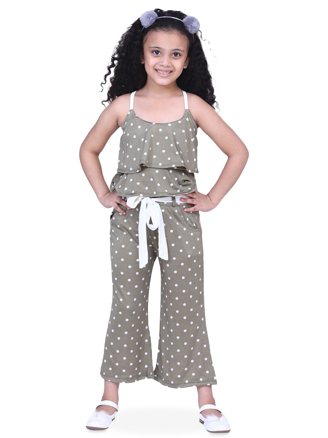 

Aj DEZInES Girls Polka Dots Printed Top With Trousers, Olive