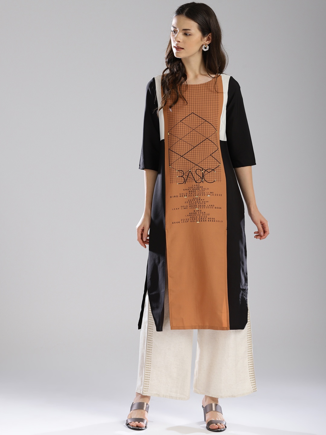 

W Women Rust Brown & Black Printed Straight Kurta