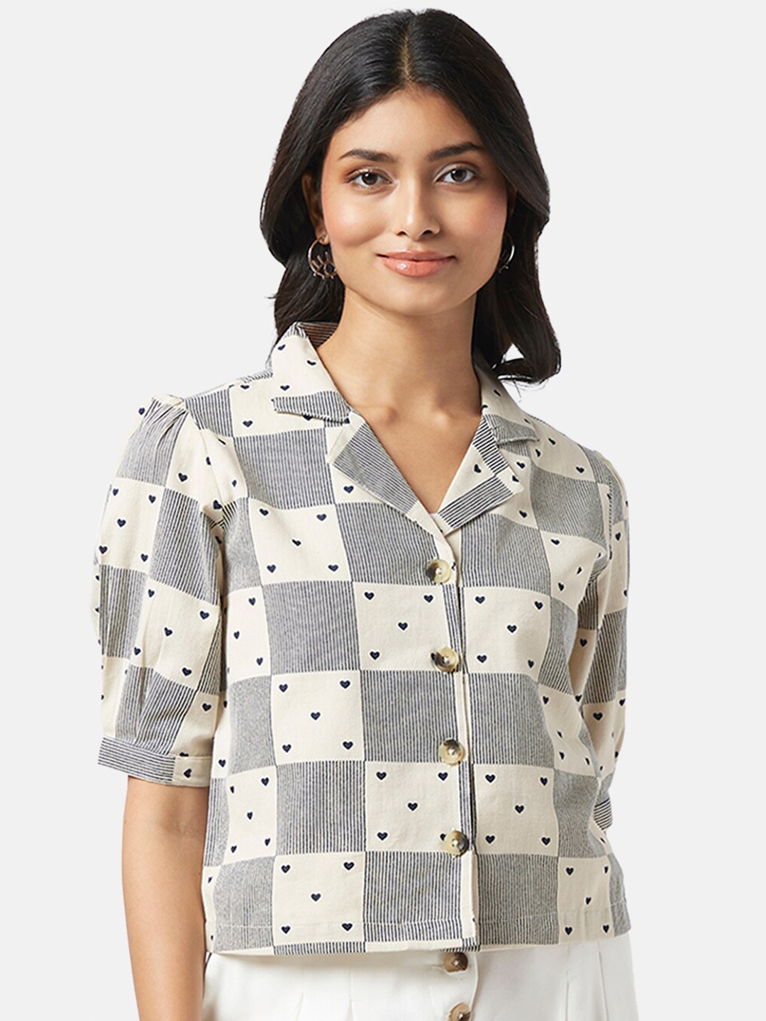 

AKKRITI BY PANTALOONS Geometric Print Puff Sleeves Shirt Style Cotton Top, Cream