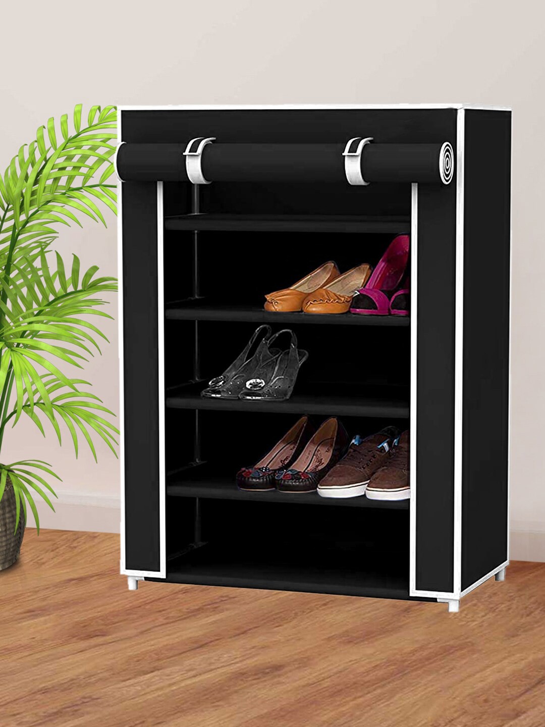 

Kuber Industries Black 5 Shelves Foldable Storage Rack Organizer