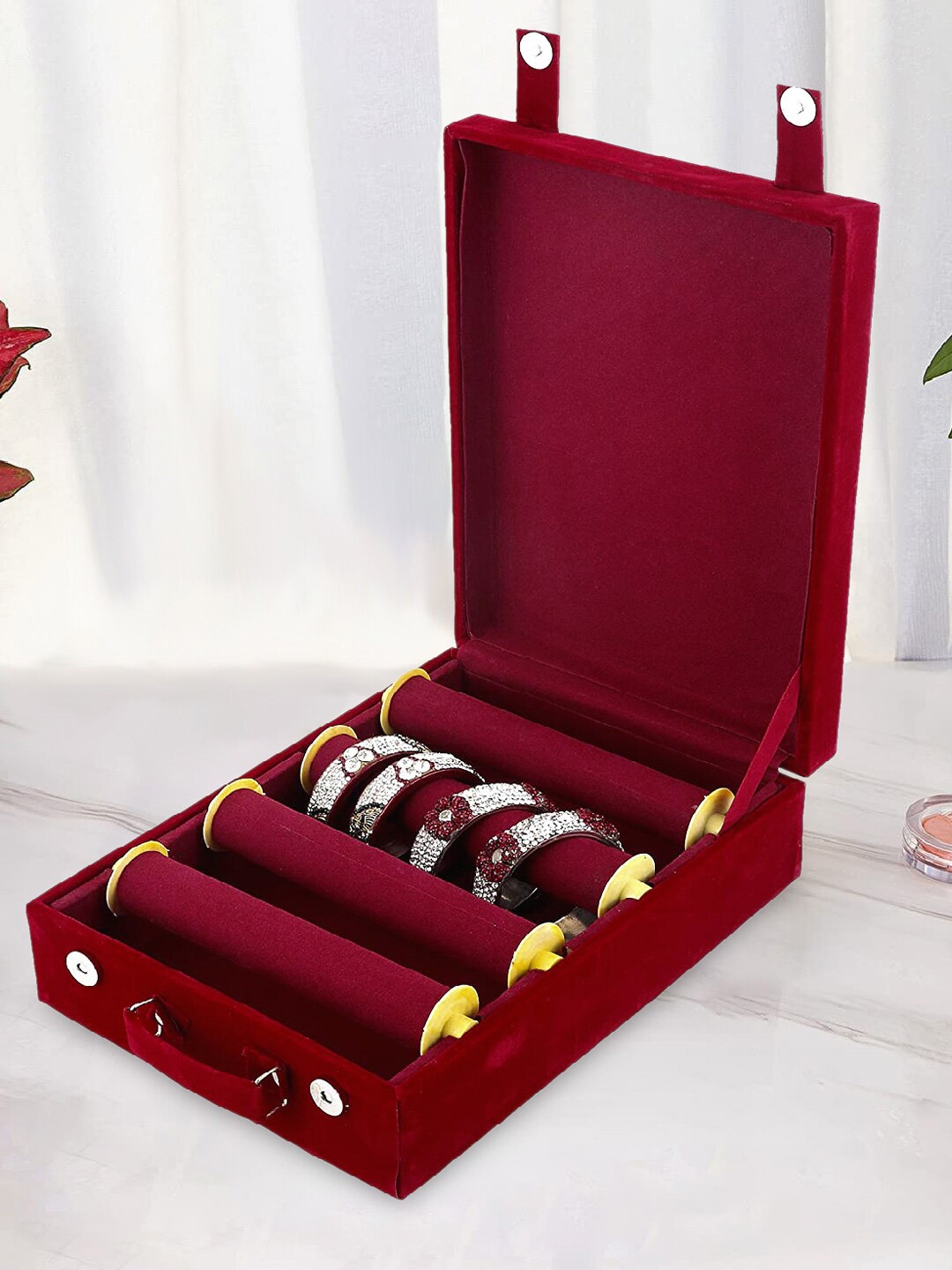 

Kuber Industries Maroon Wooden 4 Rod Bangle Box With Handle Jewellery Organiser