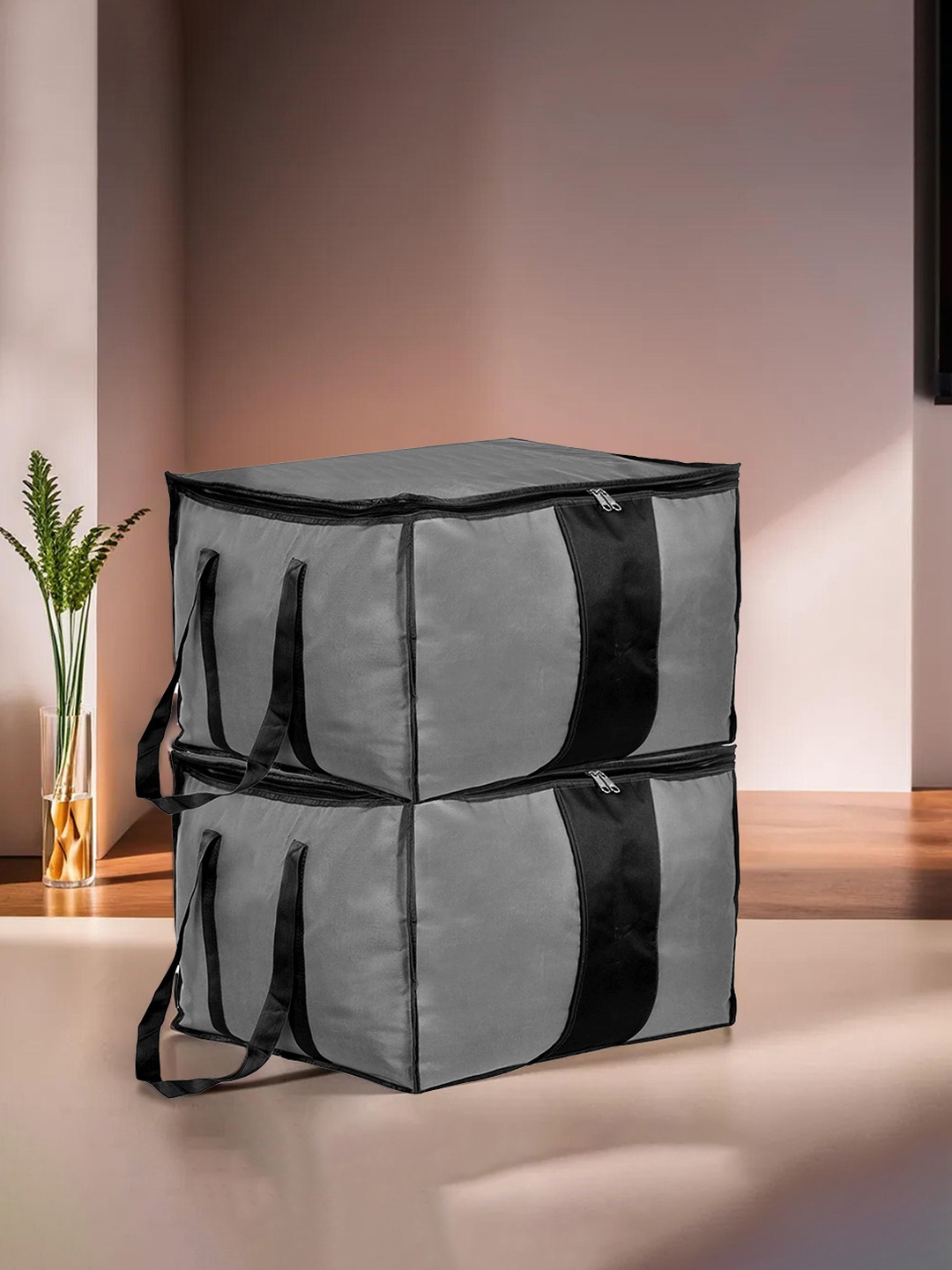 

Kuber Industries 2-Pcs Grey & Black Foldable Underbed Storage Bags With Handle