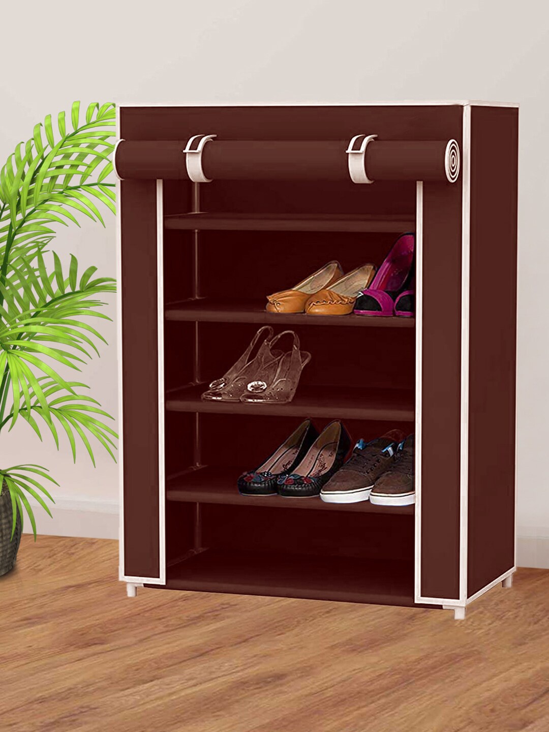 

Kuber Industries Brown 5 Shelves Foldable Shoe Rack Organizer