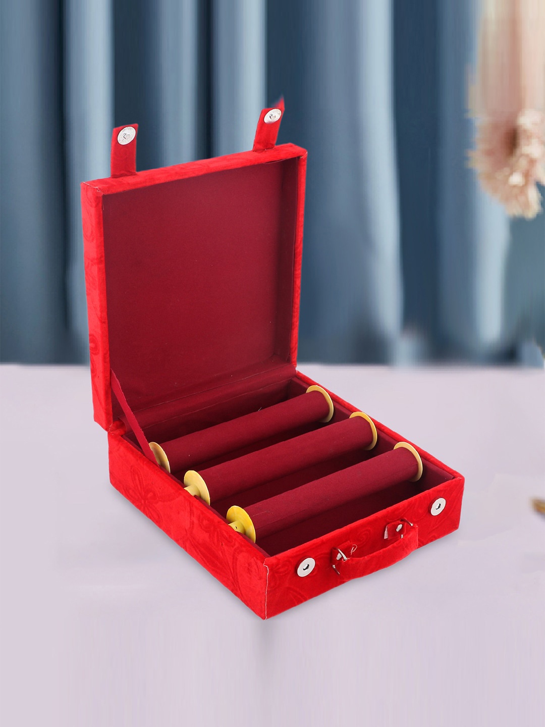 

Kuber Industries Red & Maroon Floral Print Wooden 3 Rod Bangle Box With Removable Rod & Handle