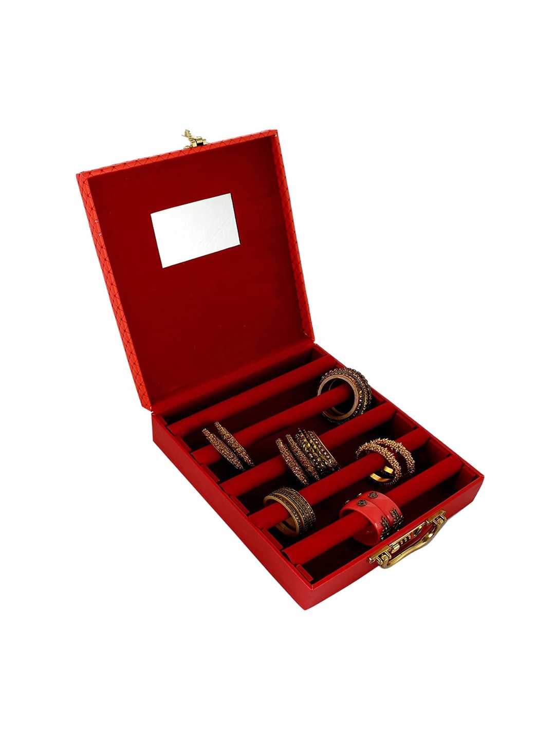 

Kuber Industries Orange-Colored & Gold-Toned Embellished Wooden 5 Rod Bangle Box With Mirror & Number Lock System