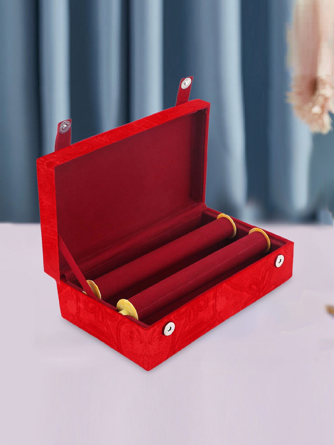 

Kuber Industries Red Self-Designed 2 Rod Wooden Bangle Box With 2 Magnetic Buckle Jewellery Organiser