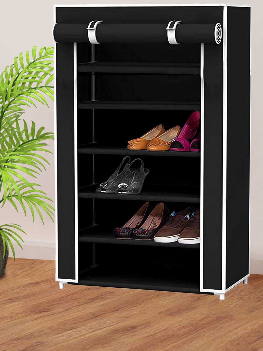 

Kuber Industries Black & White 6-Shelves Foldable Storage Rack Organizer