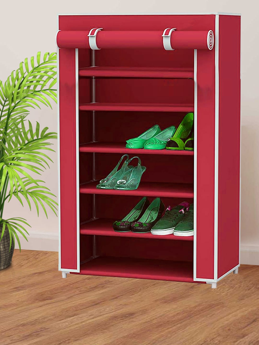 

Kuber Industries Pink & White 6-Shelves Foldable Storage Rack Organizer