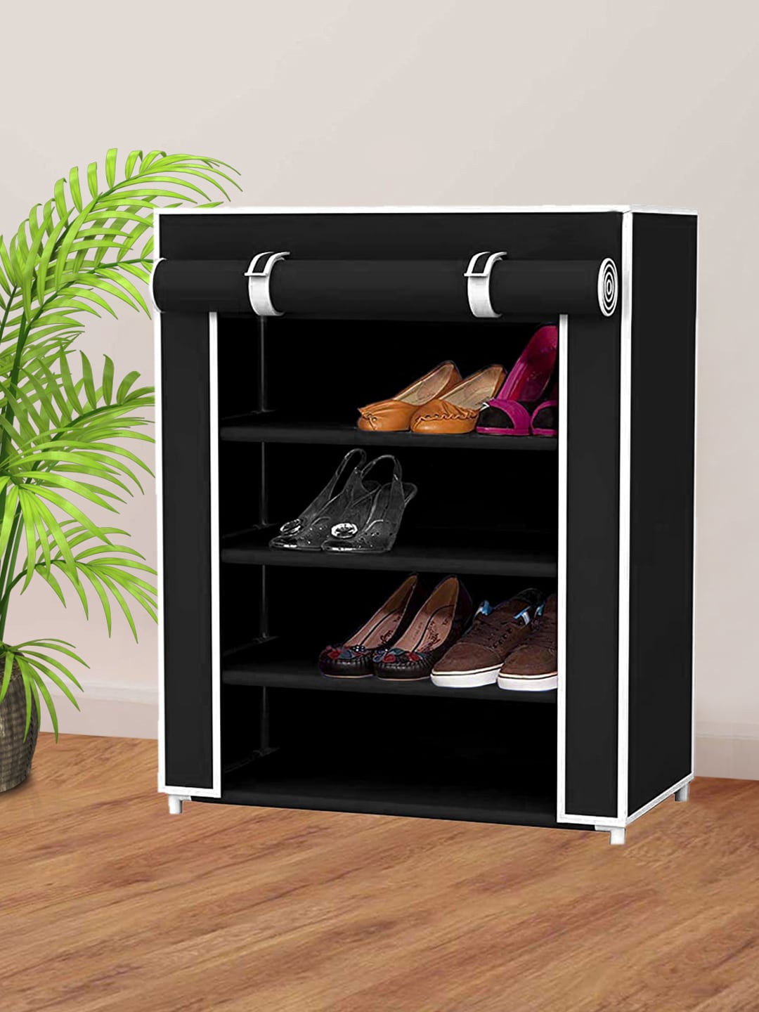 

Kuber Industries Black & White 4-Shelves Foldable Storage Rack Organizer