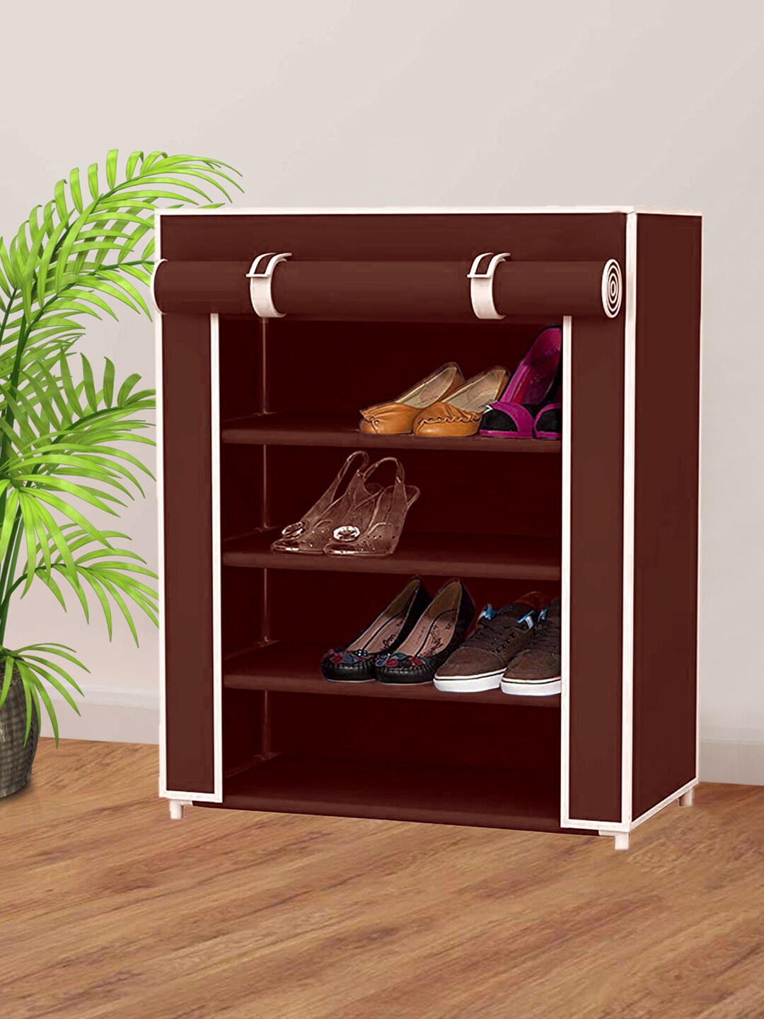 

Kuber Industries Brown & White Non-Woven 4-Shelves Foldable Storage Rack Organizer