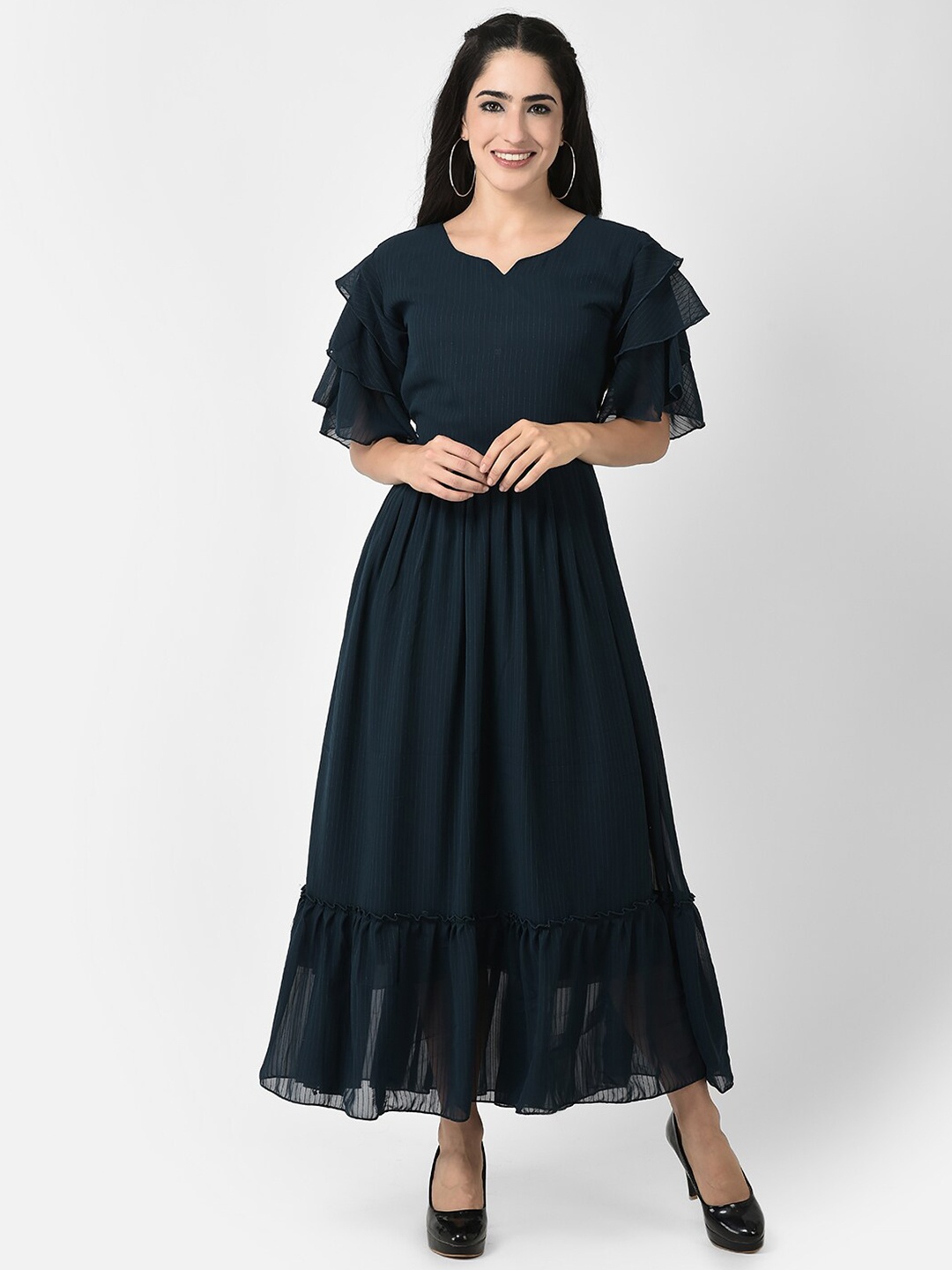 

FNOCKS Notch Neck Organic Georgette A-Line Maxi Dress, Teal
