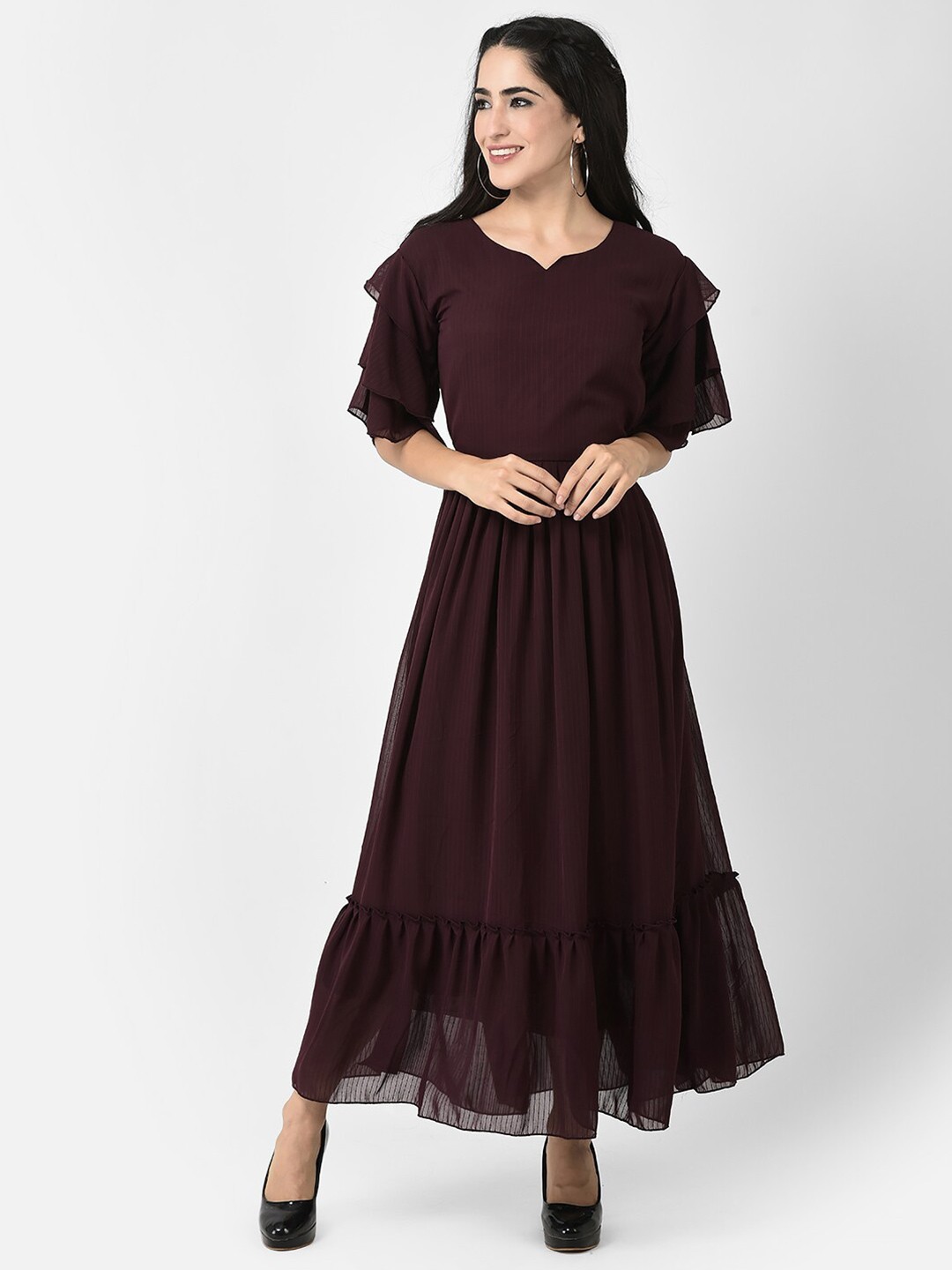 

FNOCKS Striped Notched Neck Puff Sleeves Maxi Dress, Maroon