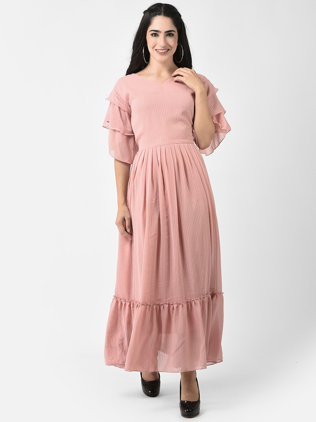 

FNOCKS Striped Flared Sleeves Georgette Maxi Dress, Peach