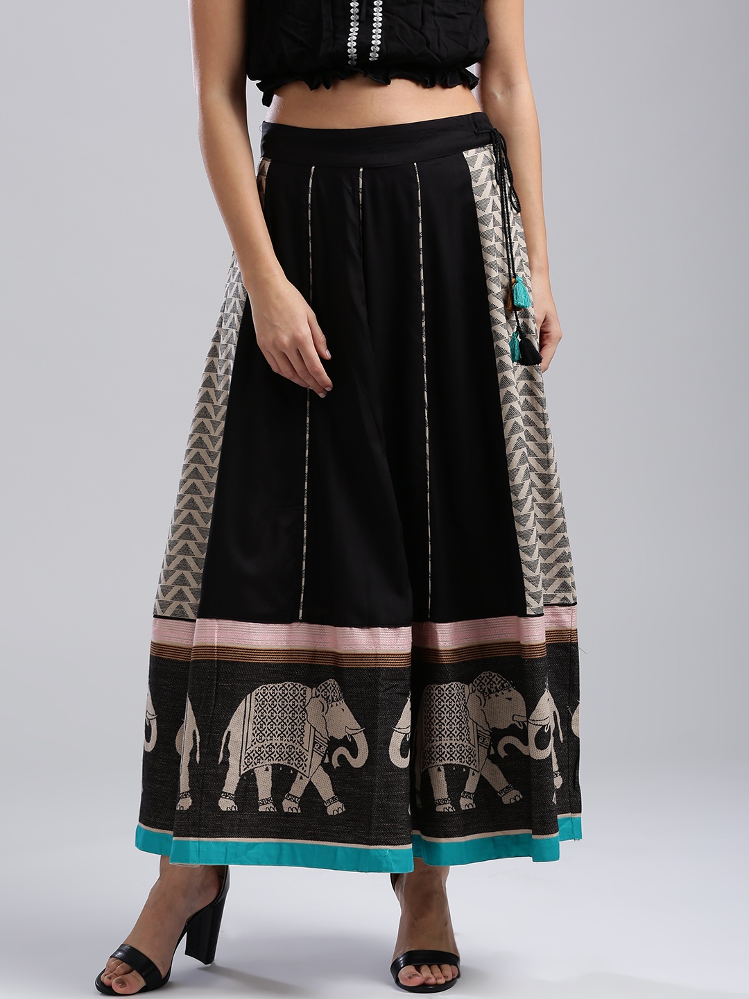 

W Black & Beige Self-Design Maxi Flared Skirt