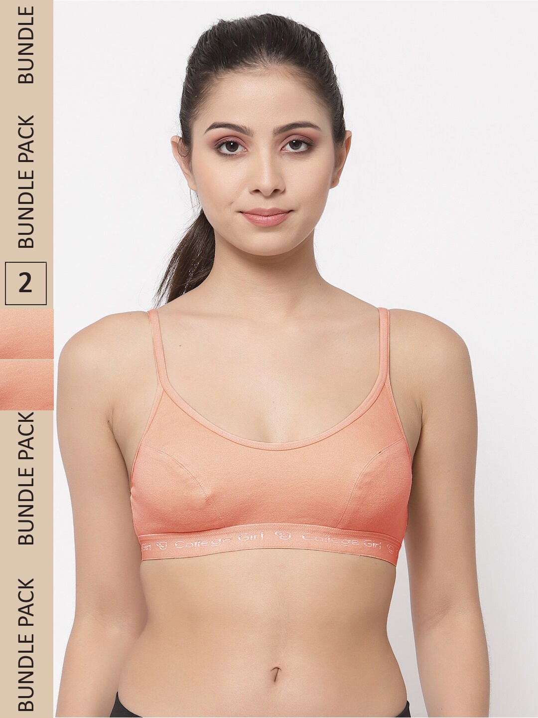 

College Girl Pack Of 2 Non-Padded All Day Comfort Cotton Sports Bra, Peach