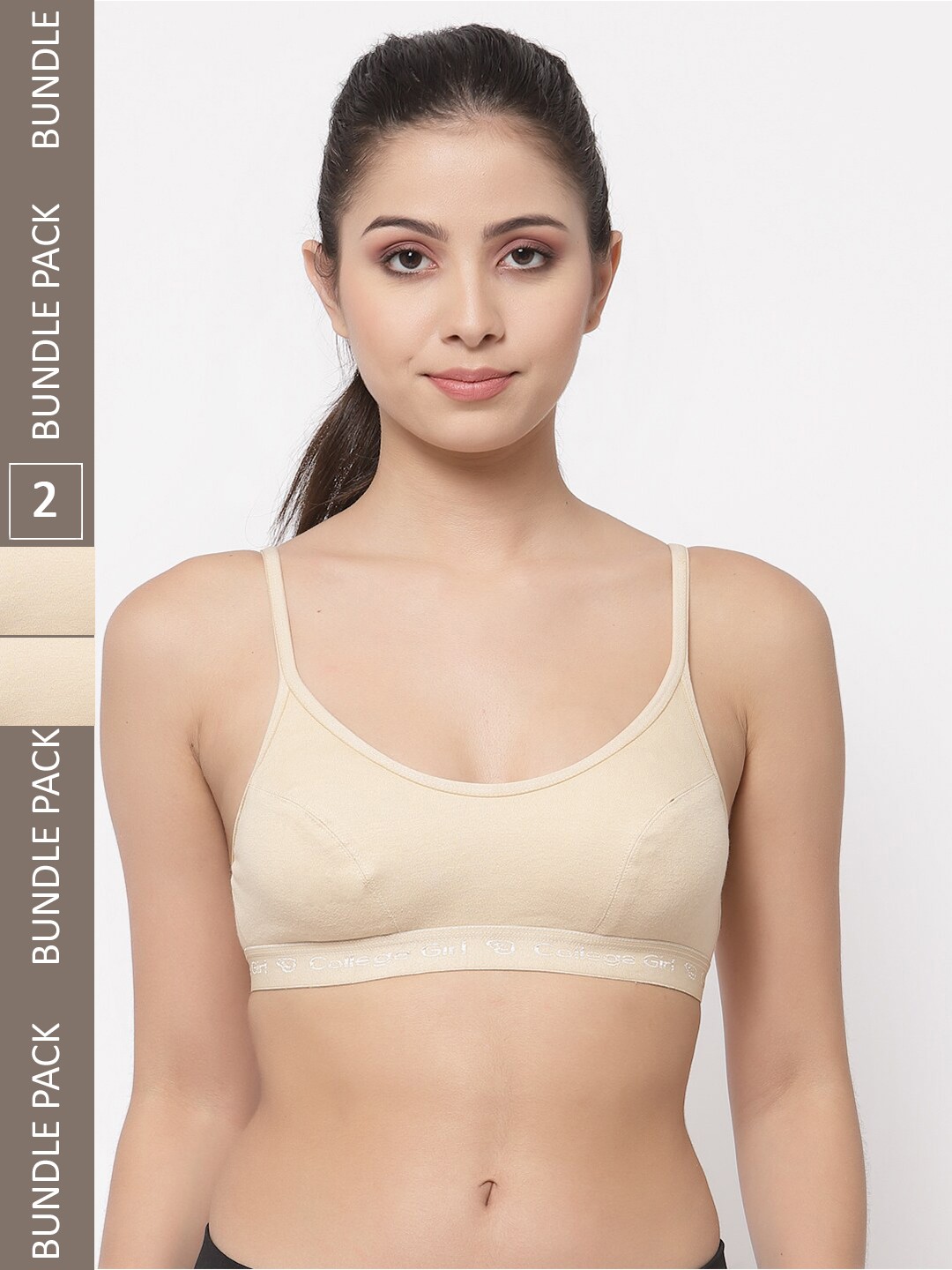 

College Girl Pack of 2 Non-Padded Non-Wired All Day Comfort Cotton Workout Bra, Beige