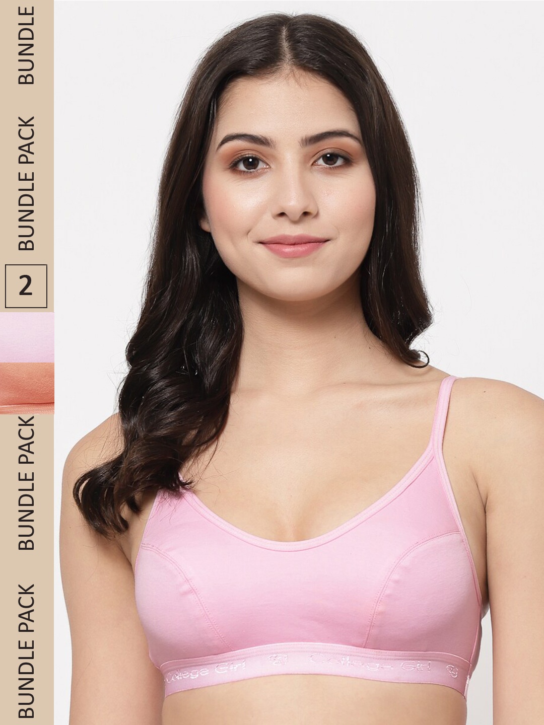 

College Girl Pack Of 2 Non Padded Non-Wired Full Coverage High Support Cotton Sports Bra, Peach
