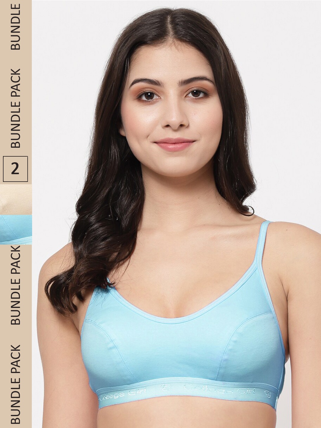 

College Girl Pack of 2 Non-Padded Cotton Workout Sports Bra, Beige