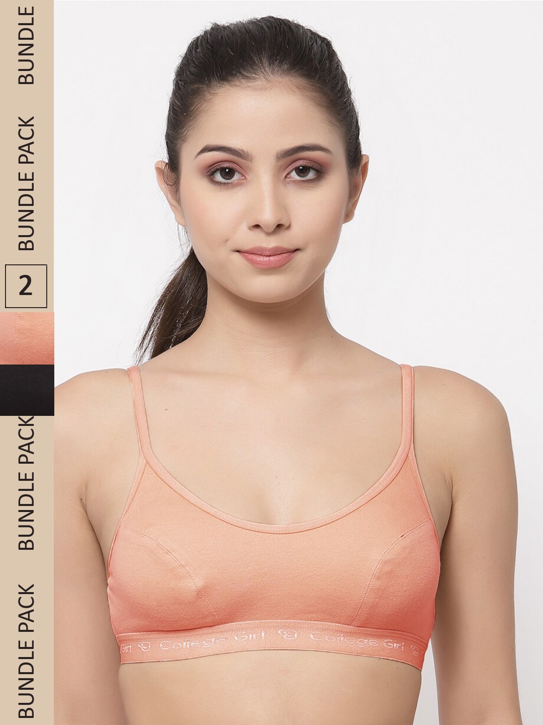 

College Girl Pack Of 2 Cotton Non Padded All Day Comfort Training or Gym Cut & Sew Bra, Peach