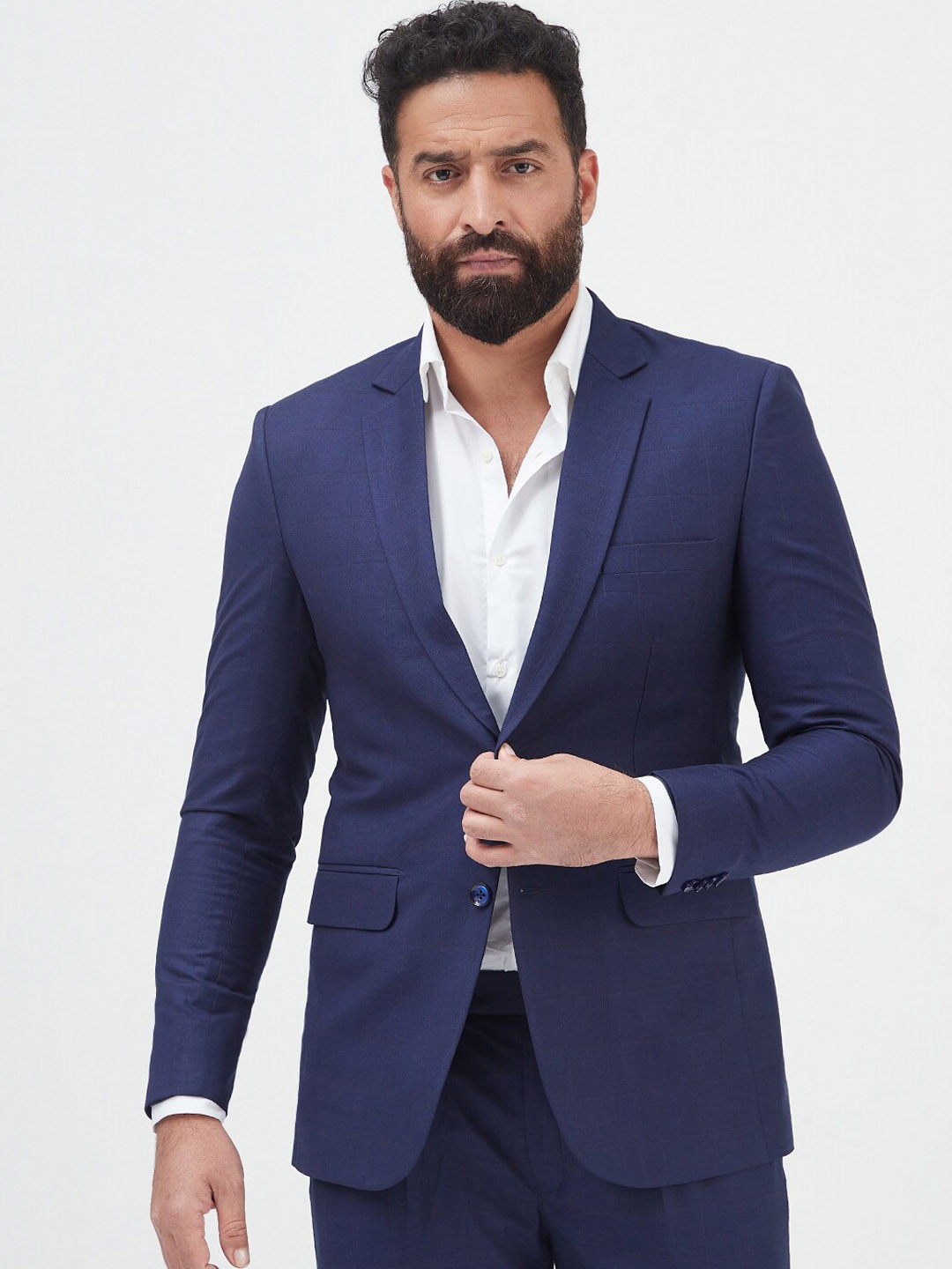 

MR BUTTON Checked Single-Breasted Slim Fit Formal Blazer, Navy blue