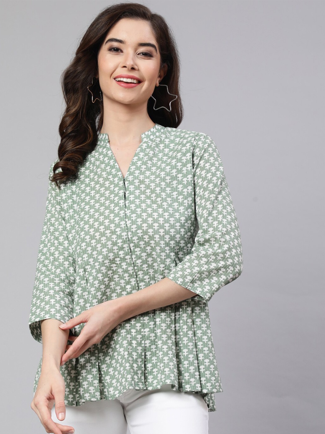 

Jaipur Kurti Geometric Printed Cotton Mandarin Collar A-Line Top, Green