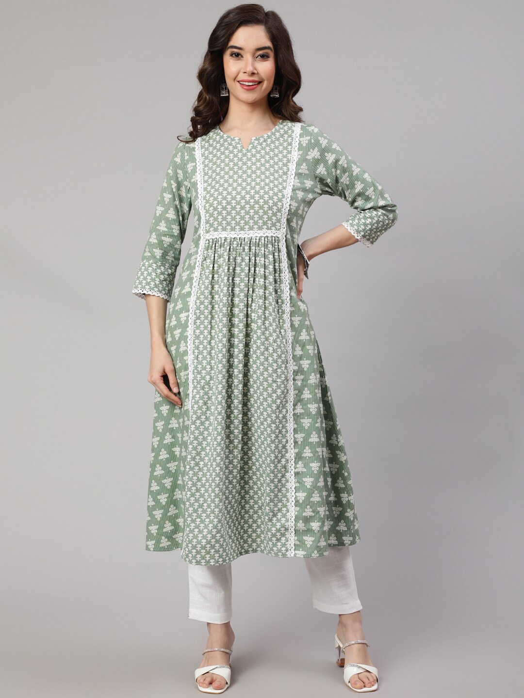

Jaipur Kurti Laced Woven Mix-Match A-line Kurta, Green