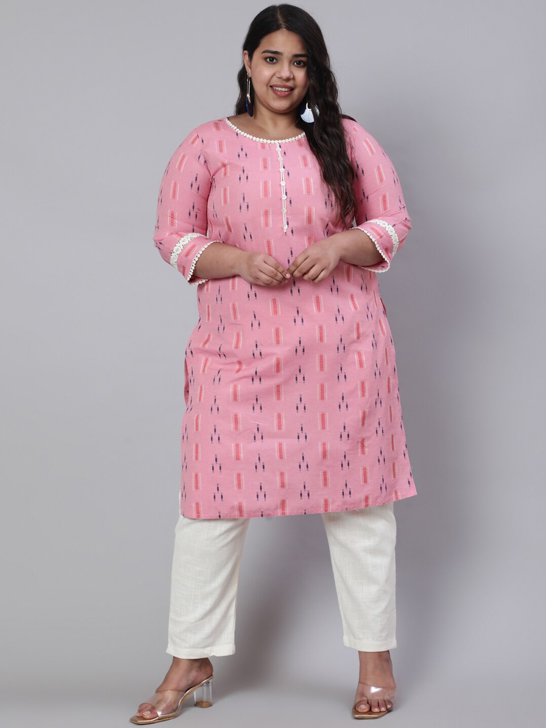 

Jaipur Kurti Plus Size Geometric Woven Design Cotton Kurta, Pink