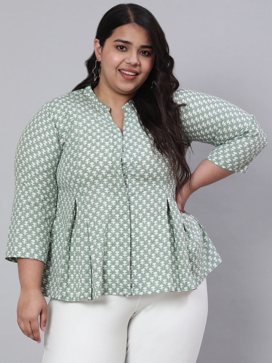 

Jaipur Kurti Plus Size Geometric Printed Cotton Mandarin Collar A-Line Top, Green