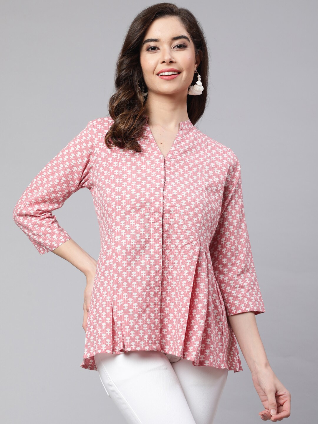 

Jaipur Kurti Printed Mandarin Collar Cotton Longline Peplum Top, Pink